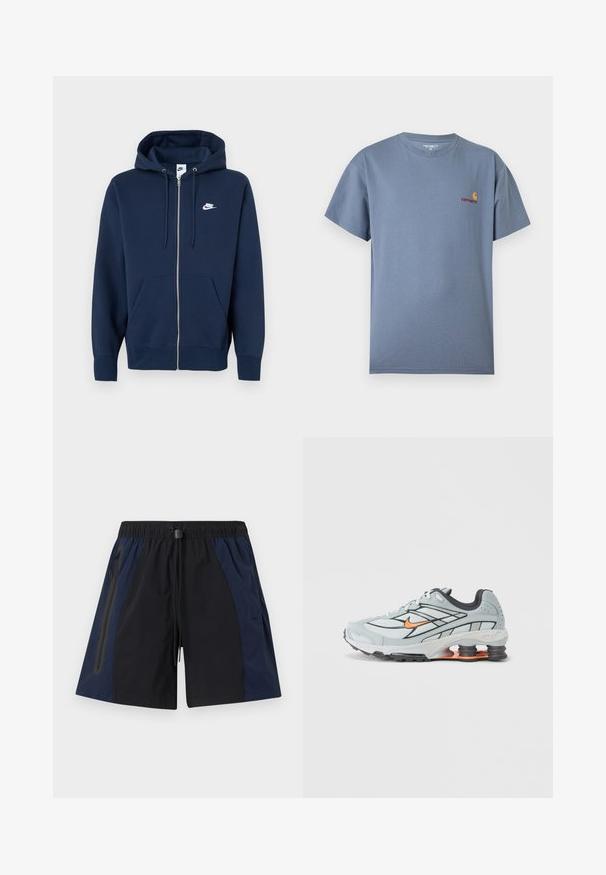 Tmavomodrá mikina na zips s predným vreckom, kapucňou so šnúrkami a bielym logom Nike na ľavej strane hrude. Vyrobená z mäkkej látky.; Pevné tričko s krátkym rukávom a okrúhlym výstrihom v farbe bridlicovo modrej s malým červeno-žltým logom Carhartt na ľavej strane hrudníka.; Čierne a námornícky modré športové krátke nohavice pre mužov s elastickým pásom, šnúrkou na stiahnutie a zipsovou bočnou vreckom na ľavej strane.; Svetlosivé bežecké topánky s čiernymi detailmi, oranžovým logom, sieťovaným vrchom, polstrovaným golierom a gumovou podrážkou s viditeľnými tlmiacimi jednotkami.