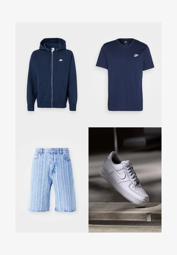 Marineblå hættetrøje med lynlås, frontlomme, snøre i hætten og et hvidt Nike-logo på venstre bryst. Fremstillet af blødt stof.; Marineblå bomulds T-shirt med rund hals og korte ærmer. Har et hvidt Nike-logo på venstre bryst og en lige kant.; Lysblå denim shorts med lodrette hvide striber, der har et klassisk fem-lomme design og en knaplukning i livet.; Hvid læder Nike Air Force 1 sneaker med perforeret tå, flade snørebånd og tekstureret gummisål med "AIR" branding på siden.
