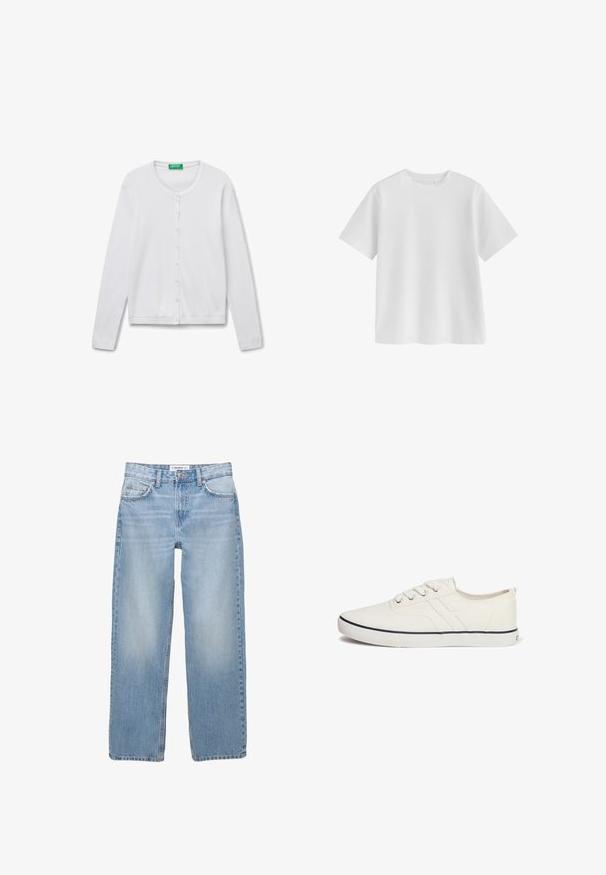 Witte, lange mouwen cardigan van zacht materiaal, met een ronde hals, knoopsluiting en geribbelde manchetten en zoom.; Effen witte T-shirt met korte mouwen en ronde hals, regular fit en een gladde stoftextuur op een witte achtergrond.; Lichtblauwe denim jeans met een recht model, vijf zakken en zichtbare stiksels. De stof heeft een zachte, iets vervaagde textuur.; Witte canvas sneakers met een laag profiel, ronde neus, zes oogjes, marineblauwe accentstreep en een gestructureerde rubberen zool.