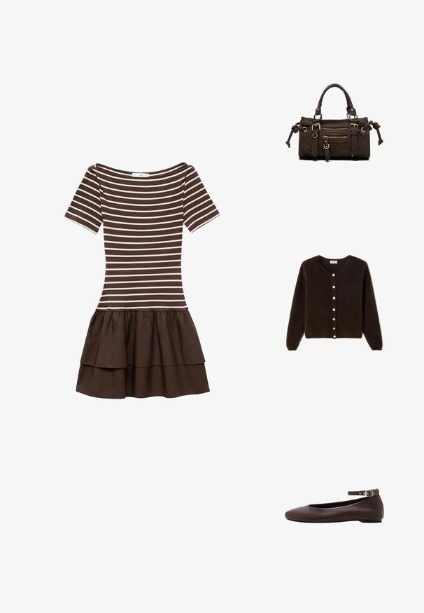 Braune, flauschige Strickjacke mit rundem Ausschnitt und langen Ärmeln. Sie verfügt über eine Knopfleiste mit hellen Knöpfen und einem lässigen Schnitt.; Braun und beige gestreifter kurzärmeliger Kleid mit rundem Ausschnitt und gestuftem Volantrock.; Dunkelbrauner flacher Schuh mit abgerundeter Spitze und verstellbarem Knöchelriemen mit silberner Schnalle auf weißem Hintergrund.; Dunkelbraune Lederhandtasche mit doppelten Griffen, vorderer Reißverschlusstasche, dekorativen Schnallen und seitlichen Knoten auf weißem Hintergrund.