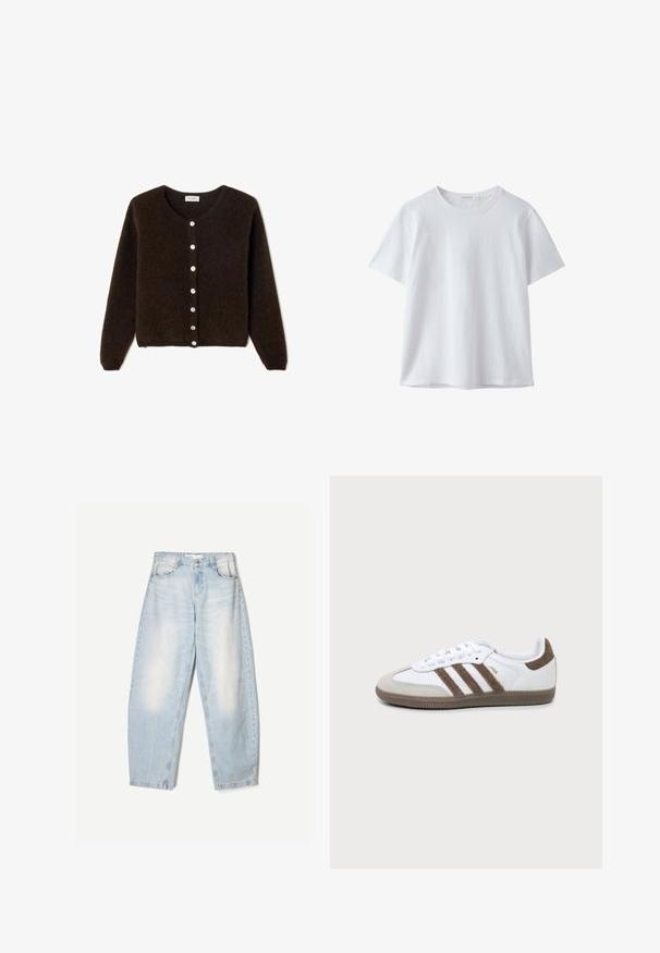 Braune, flauschige Strickjacke mit rundem Ausschnitt und langen Ärmeln. Sie verfügt über eine Knopfleiste mit hellen Knöpfen und einem lässigen Schnitt.; Schlichtes weißes T-Shirt mit kurzen Ärmeln und Rundhalsausschnitt aus weichem Stoff, dargestellt auf weißem Hintergrund.; Hellblaue Jeans aus Denim mit lockerer Passform, im ausgewaschenen Finish, zwei Fronttaschen und einem Knopfverschluss am Bund.; Weißer und brauner Adidas Samba Sneaker mit drei braunen Streifen, Schnürsenkeln und strukturierter Sohle, von der Seite auf einem einfarbigen Hintergrund gezeigt.