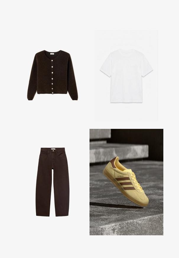 Braune, flauschige Strickjacke mit rundem Ausschnitt und langen Ärmeln. Sie verfügt über eine Knopfleiste mit hellen Knöpfen und einem lässigen Schnitt.; Schlichtes weißes T-Shirt mit kurzen Ärmeln und Rundhalsausschnitt, flach auf weißem Hintergrund liegend.; Braune Jeans aus Denim mit entspannter Passform, ausgestattet mit fünf Taschen, Gürtelschlaufen und klassischem Reißverschluss. Glatte Textur und gerades Bein-Design.; Gelber Adidas Gazelle Sneaker mit braunen Streifen und Absatzdetail, schwebt über einer grauen Betonfläche mit Stufen im Hintergrund.