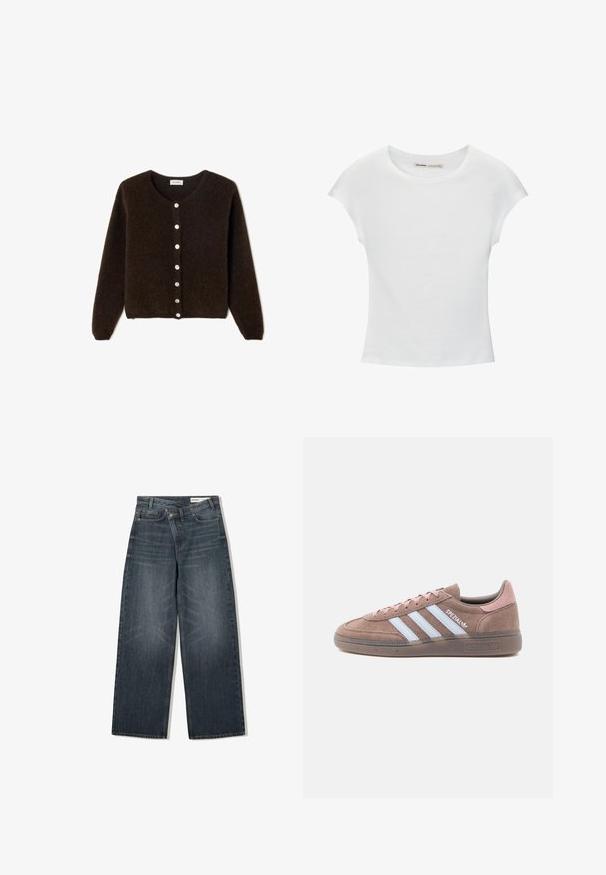 Bruine, fuzzy cardigan met een ronde hals en lange mouwen. Heeft een knoopsluiting aan de voorkant met lichtgekleurde knopen en een relaxte pasvorm.; Witte katoenen T-shirt met korte, opgerolde mouwen, een ronde halslijn en een rechte zoom. Gladde textuur zonder zichtbare patronen of accenten.; Donker gewassen spijkerbroek met een wijde pijpdesign, voorzien van een hoge taille, vijf zakken en subtiele wassing aan de voorkant.; Bruine suède sneaker met lichtroze accenten, voorzien van drie witte strepen, een gestructureerde zool en een ronde neus ontwerpen.