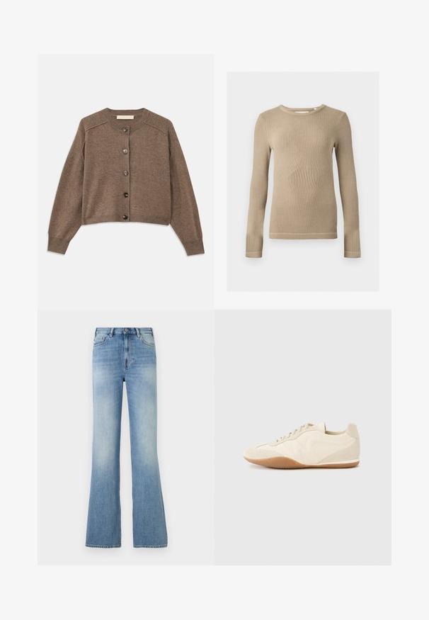 Cardigan en tricot marron avec des manches longues, des poignets côtelés et une fermeture à boutons sur le devant. Il présente un col rond et un ourlet légèrement court.; Haut beige à manches longues en maille côtelée, col rond, silhouette ajustée et coutures visibles aux ourlets sur fond uni.; Jean denim bleu clair taille haute avec bouton et fermeture éclair devant, cinq poches, jambes légèrement évasées et légère décoloration au niveau des cuisses.; Baskets beige clair avec une tige en cuir texturé, des panneaux latéraux texturés et une semelle en caoutchouc. Dotées d'un design fin et épuré ainsi que de lacets plats.