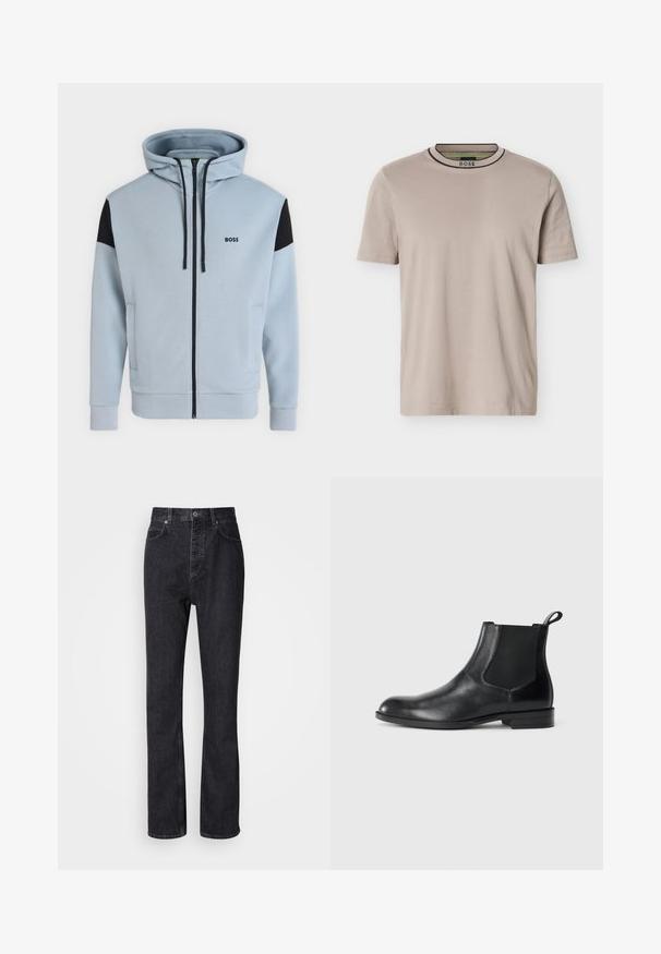 Sweat à capuche bleu clair zippé intégral avec empiècements noirs aux épaules, cordons, poches latérales et logo "BOSS" sur la poitrine gauche.; T-shirt beige à manches courtes et col rond côtelé, avec des rayures noires et vertes sur le col et le logo "BOSS" à l'intérieur du col.; Jean en denim noir taille haute avec fermeture à bouton et à glissière, poches avant et arrière, et coupe droite.; Bottine en cuir noir avec des panneaux latéraux élastiques, bout rond et tirette. Texture lisse, semelle plate, design minimaliste.