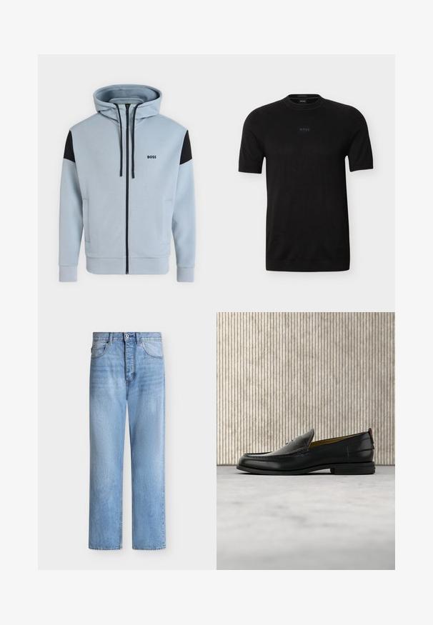 Sweat à capuche bleu clair zippé intégral avec empiècements noirs aux épaules, cordons, poches latérales et logo "BOSS" sur la poitrine gauche.; T-shirt noir à manches courtes avec col rond, logo "BOSS" subtil centré sur la poitrine, en tissu fin tricoté.; Jean droit en denim bleu clair avec fermeture par bouton et zip, poches avant et arrière, et passants de ceinture à la taille.; Mocassin pour homme en cuir noir avec un dessus embossé effet croco et un petit talon, présenté de profil sur un fond neutre.