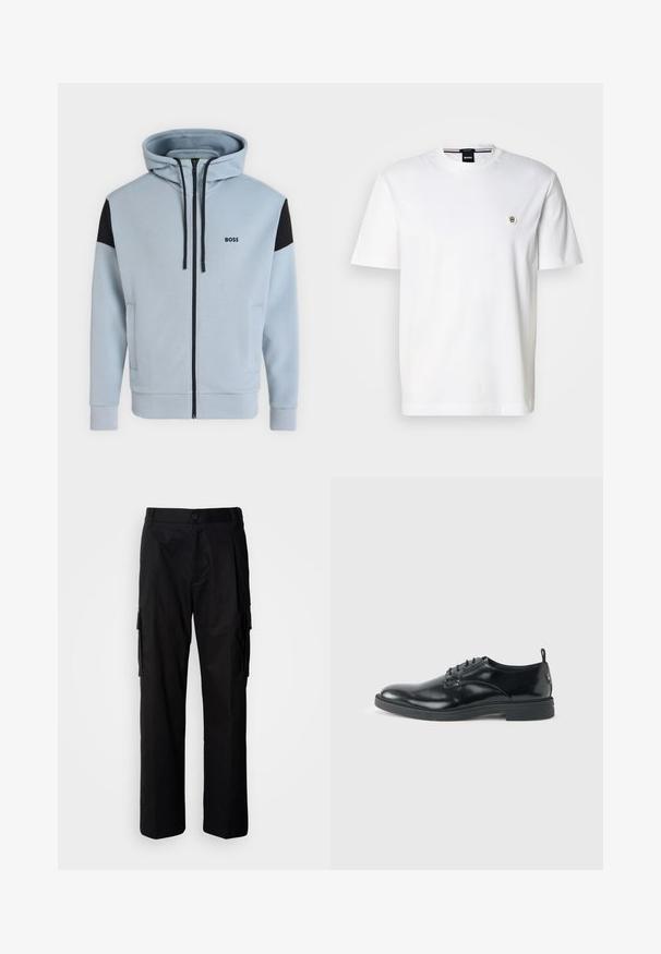 Sweat à capuche bleu clair zippé intégral avec empiècements noirs aux épaules, cordons, poches latérales et logo "BOSS" sur la poitrine gauche.; T-shirt en coton blanc avec un col rond, des manches courtes et un petit logo sur la poitrine gauche. Texture lisse, coupe classique.; Pantalon cargo noir à coupe décontractée, avec poches latérales, fermeture par bouton, et tissu léger et lisse.; Chaussure habillée en cuir noir brillant avec un petit talon, fermeture à lacets et bout rond, vue de côté sur un fond uni et clair.