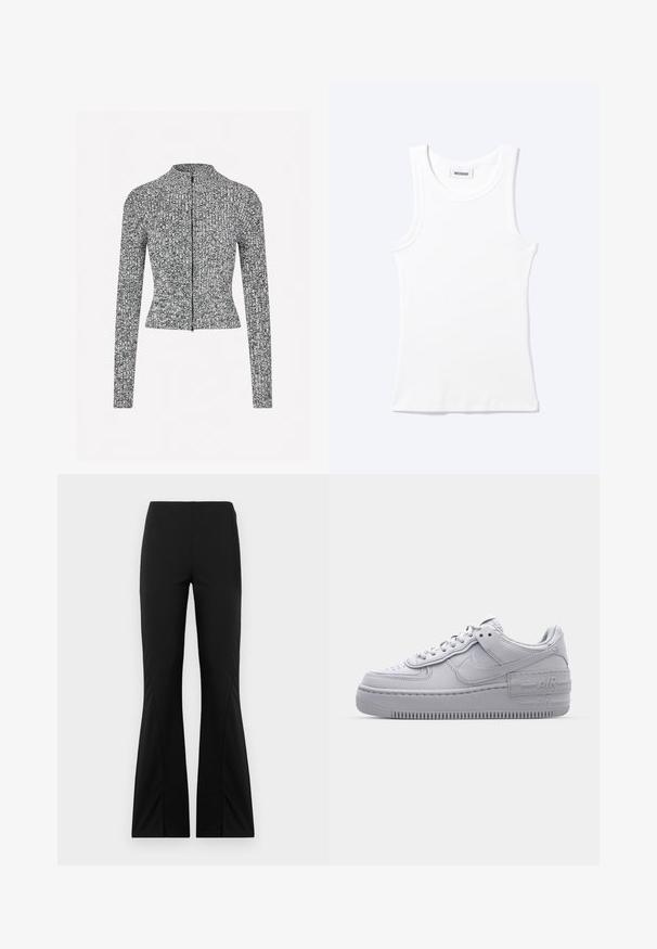Veste zippée texturée gris et noir, dotée d'un col montant, de manches longues et d'une silhouette ajustée avec des détails en côtes.; Débardeur blanc côtelé sans manches avec encolure ronde et une petite étiquette indiquant "WEEKDAY" à l'intérieur du col.; Pantalons noirs évasés en tissu extensible, présentant une texture lisse, une coupe ajustée et un design à ourlet fendu.; Basket en cuir lisse gris Nike Air Force 1 avec un bout perforé, une semelle épaisse et un détail 'AIR' en relief sur le talon.