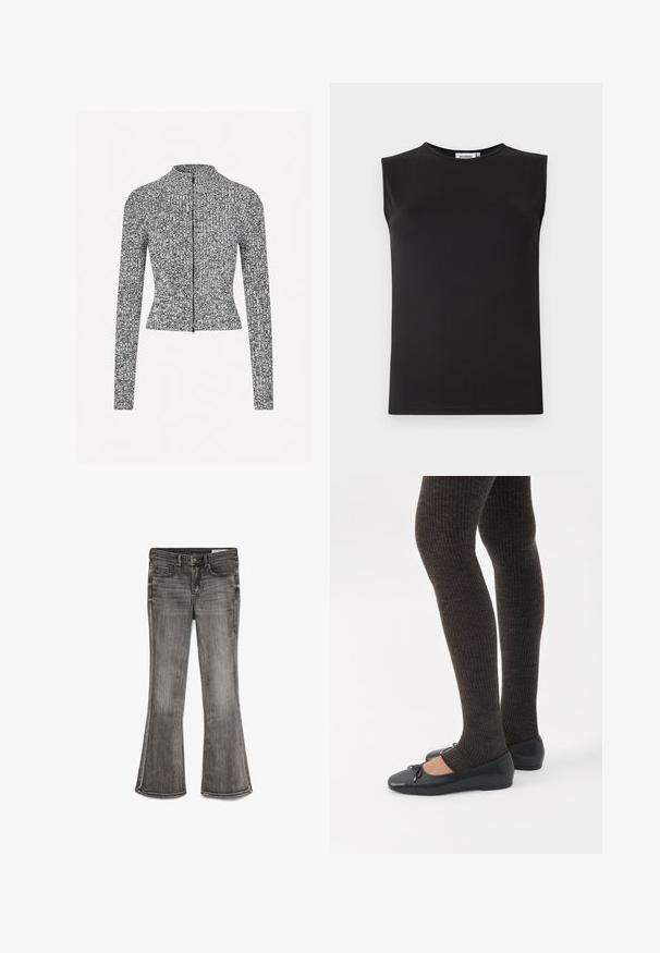 Veste zippée texturée gris et noir, dotée d'un col montant, de manches longues et d'une silhouette ajustée avec des détails en côtes.; Haut sans manches noir en tissu lisse et extensible. Présente un col rond et une silhouette ajustée. Pas de motifs ni d'accents visibles.; Jean évasé en denim noir délavé avec une légère brillance. Dispose de cinq poches et de coutures contrastantes le long des bords.; Jambes portant des leggings côtelés foncés associés à des ballerines noires avec de petits détails en nœud sur fond blanc.