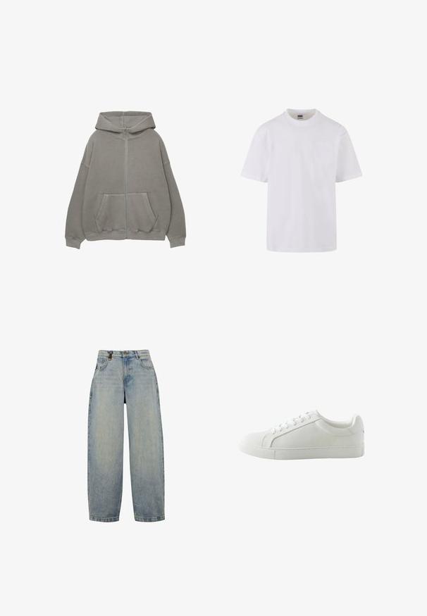 Grijze ritskap met een grote capuchon, oversized pasvorm, kangoeroezakken en ribgebreide manchetten en boord. Zacht, dik materiaal met minimale naden.; Witte korte mouwen T-shirt van katoen, met een ronde halslijn en een enkele zak aan de linkerkant van de borst.; Lichtblauwe denim jeans met een ontspannen pasvorm, voorzien van een hoge taille, wijde pijpen, een klassiek vijf-pocket ontwerp en metalen hardware accenten.; Witte lage sneaker met veters, glad bovenwerk en platte rubberen zool, afgebeeld vanuit de binnenkant zijkant op een witte achtergrond.