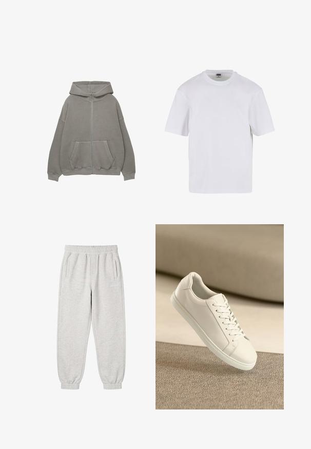 Haut zipé gris avec une grande capuche, coupe oversized, poches kangourou et finitions côtelées aux poignets et à l'ourlet. Tissu doux et épais avec des coutures minimales.; T-shirt blanc à manches courtes en coton. Il présente un col rond et une coupe décontractée. Texture lisse, design minimaliste, sans motifs ni accents.; Pantalon de survêtement gris clair avec taille et poignets élastiques, deux poches latérales et un petit logo blanc sur la cuisse droite.; Baskets en cuir blanc avec des lacets blancs, exposées sur une surface beige texturée et avec un arrière-plan flou doux.