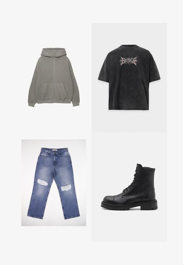 Grijze ritskap met een grote capuchon, oversized pasvorm, kangoeroezakken en ribgebreide manchetten en boord. Zacht, dik materiaal met minimale naden.; Zwart oversized T-shirt met vervaagde textuur en gestileerde witte en rode tekst "Fadella" gecentreerd aan de voorkant.; Lichtblauwe spijkerbroek met hoge taille, rechte pijpen en twee versleten plekken aan de voorkant. Klassiek ontwerp met vijf zakken.; AllSaints HANK - Veterboots - black