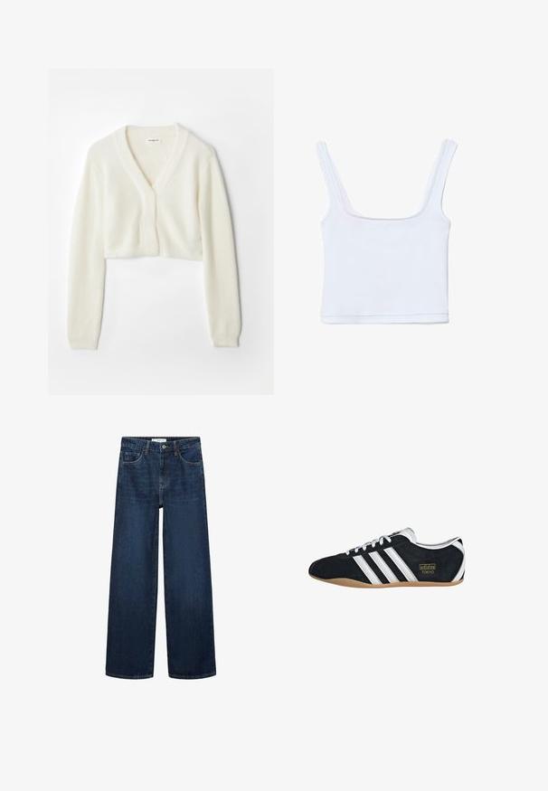 Gilet court en tissu blanc doux avec un décolleté en V, des manches longues et un détail texturé, doté d'une fermeture à boutons à l'avant.; Top court blanc côtelé avec larges bretelles et encolure carrée, posé à plat sur un fond blanc.; Jean en denim bleu foncé à jambes larges avec une taille haute, comprenant cinq poches et une fermeture à bouton classique. Texture lisse et coupe droite.; Sneakers en suede noir avec trois bandes blanches, logo doré et semelle en caoutchouc marron. Présente un design à lacets à profil bas.