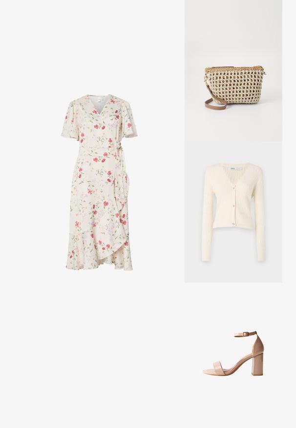 Cremefarvet strik cardigan med v-hals, lange ærmer og hjerteformede knapdetaljer. Har et struktureret ribmønster og cropped design.; Kremfarvet slå-om-kjole med rosa og rødt blomsterprint, korte flagrende ærmer, V-udskæring og flæsekant.; Nude lakhelede hæl-sandal har en firkantet åben tå, ankelrem med spænde og en kraftig blokhæl for stabilitet.; Vævet stråtaske i cremefarve med brun kant. Har et netdesign og en brun rem. Lynlåslukning øverst.