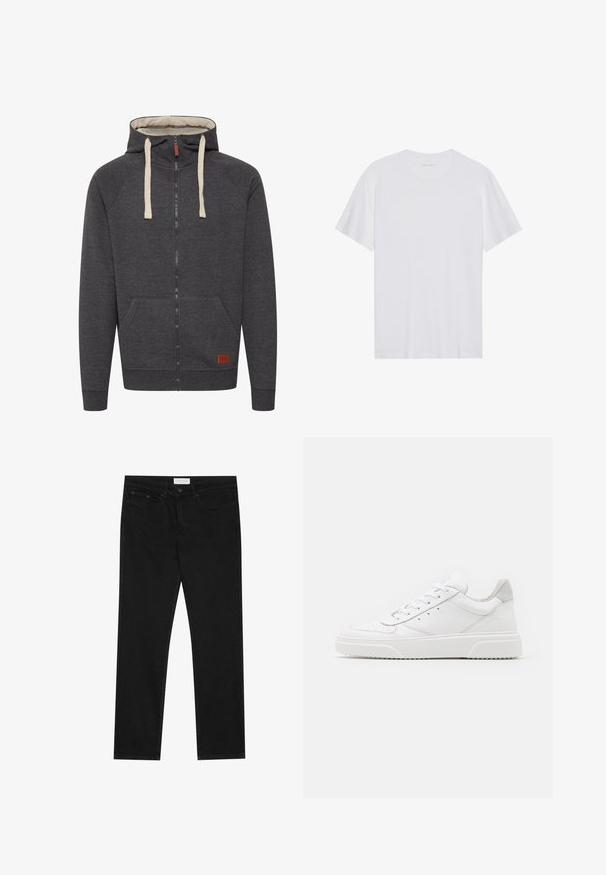 Sweat à capuche zippé gris en tissu doux. Comprend une capuche doublée, des cordons crème, des poches avant et un petit patch en cuir avec logo sur l'ourlet.; T-shirt en coton blanc à manches courtes, col rond et texture lisse. Présente un branding minimal au niveau du col.; Jean droit noir avec un design à cinq poches, fermeture à bouton et zip, et une étiquette de marque Pier One sur la taille.; Des baskets en cuir blanc avec une finition lisse, un bout rond, des lacets plats et une semelle texturée. Accents en daim gris au niveau du talon.