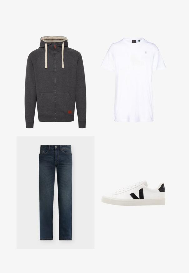 Grijze zip-up hoodie van zacht materiaal. Bevat een gevoerde capuchon, crèmekleurige koorden, voorzakken en een klein leren logo label op de zoom.; Witte katoenen t-shirt met korte mouwen, ronde hals en subtiele logo op de borst. Zachte textuur en standaard pasvorm. Eenvoudig ontwerp zonder patronen.; Donkerblauwe recht gesneden denim jeans met knoop- en ritssluiting, voor- en achterzakken, weergegeven op een witte achtergrond.; Witte leren sneaker met zwarte suède accenten; voorzien van een rubberen zool, ronde neus en een klassieke vetersluiting. Zijkant met logo in het zwart.