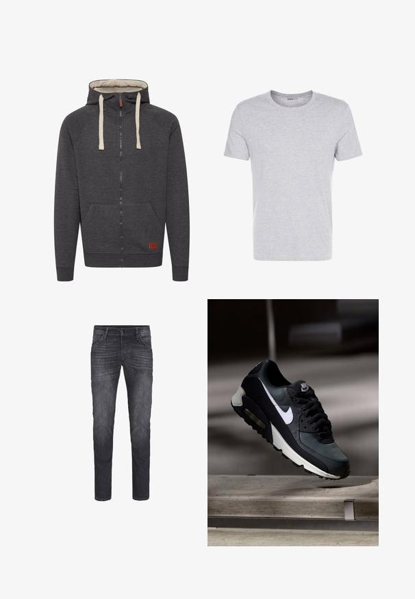 Grijze zip-up hoodie van zacht materiaal. Bevat een gevoerde capuchon, crèmekleurige koorden, voorzakken en een klein leren logo label op de zoom.; Grijze katoenen t-shirt met een ronde hals, korte mouwen en een eenvoudige uitstraling, met een zachte, gladde textuur en zonder zichtbare patronen of versieringen.; Donkergrijze denim jeans met een slim fit, voorzien van vijf zakken, een sluiting met een voren knoop en subtiele wassingdetails.; Zwart-grijze Nike Air Max sneaker met witte swoosh, zwevend boven een betonnen oppervlak tegen een wazige donkere achtergrond.