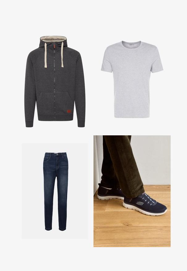 Grijze zip-up hoodie van zacht materiaal. Bevat een gevoerde capuchon, crèmekleurige koorden, voorzakken en een klein leren logo label op de zoom.; Grijze katoenen t-shirt met een ronde hals, korte mouwen en een eenvoudige uitstraling, met een zachte, gladde textuur en zonder zichtbare patronen of versieringen.; Donkerblauwe denim jeans met een rechte pijp, voorzien van voorzakken en subtiele horizontale stiksels. Klassiek vijfzakken ontwerp.; Marine mesh sneakers met witte zolen, met elastische veters en een logo-detail. Casual ontwerp met een lichte constructie.