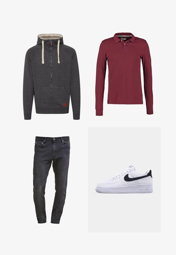 Grijze zip-up hoodie van zacht materiaal. Bevat een gevoerde capuchon, crèmekleurige koorden, voorzakken en een klein leren logo label op de zoom.; Bordeaux lange mouwen polo-shirt met een klassieke kraag, een placket met twee knopen en zijsplitten voor meer bewegingsvrijheid. Glad katoenmateriaal.; Slim-fit zwarte denim jeans met vijf-vakken design, ritssluiting en subtiele wassing. Soepele textuur met een donkere wasfinish.; Witte leren sneaker met een gestructureerde zwarte Swoosh, platte veters en een rubberen zool met een geribbeld patroon. "AIR" is in de hak geperst.