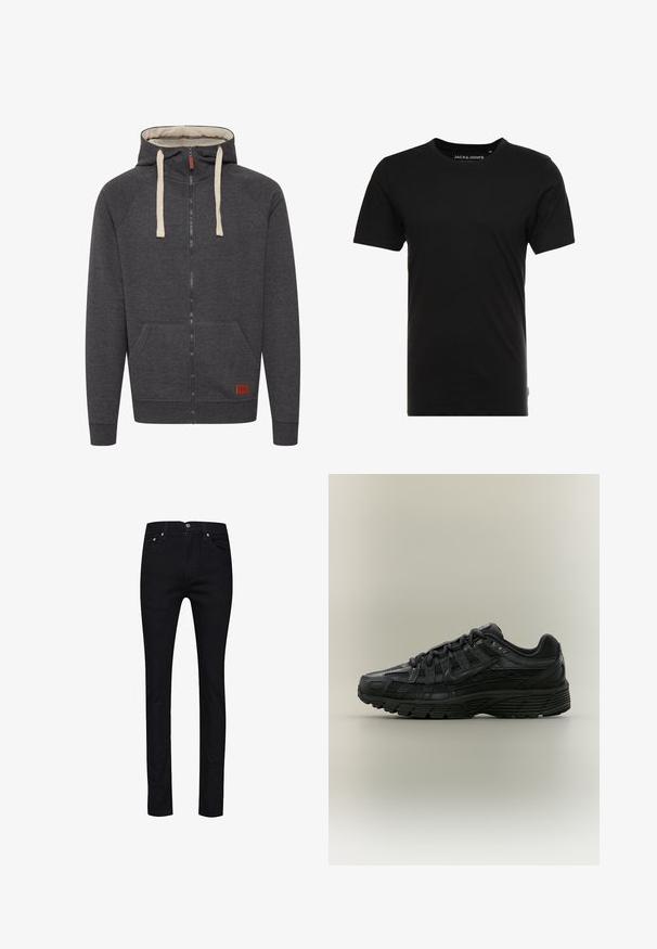 Sweat à capuche zippé gris en tissu doux. Comprend une capuche doublée, des cordons crème, des poches avant et un petit patch en cuir avec logo sur l'ourlet.; T-shirt noir à manches courtes en coton, avec un col rond et une étiquette logo discrète sur le côté. Design simple et polyvalent.; Jean noir en denim, avec une coupe droite, cinq poches, des boutons en métal, et une seule poche arrière avec un détail de couture.; Chaussure de course Nike noire avec tige en mesh et synthétique, fermeture à lacets et semelle texturée, vue de côté gauche sur fond uni.