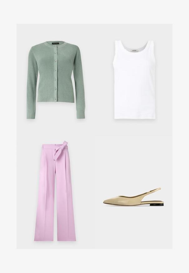 Cardigan tricoté vert clair à manches longues, col rond, avec des boutons argentés sur le devant.; Débardeur blanc sans manches en maille côtelée avec encolure ronde et bordure délicate en dentelle le long des bords, présenté sur un fond uni.; Pantalon lavande taille haute à jambes larges, avec des plis et une ceinture assortie en tissu nouée en nœud à la taille.; Chaussure plate beige à bout pointu avec bride arrière, petit talon noir et finition en cuir lisse, vue de côté sur un fond uni.