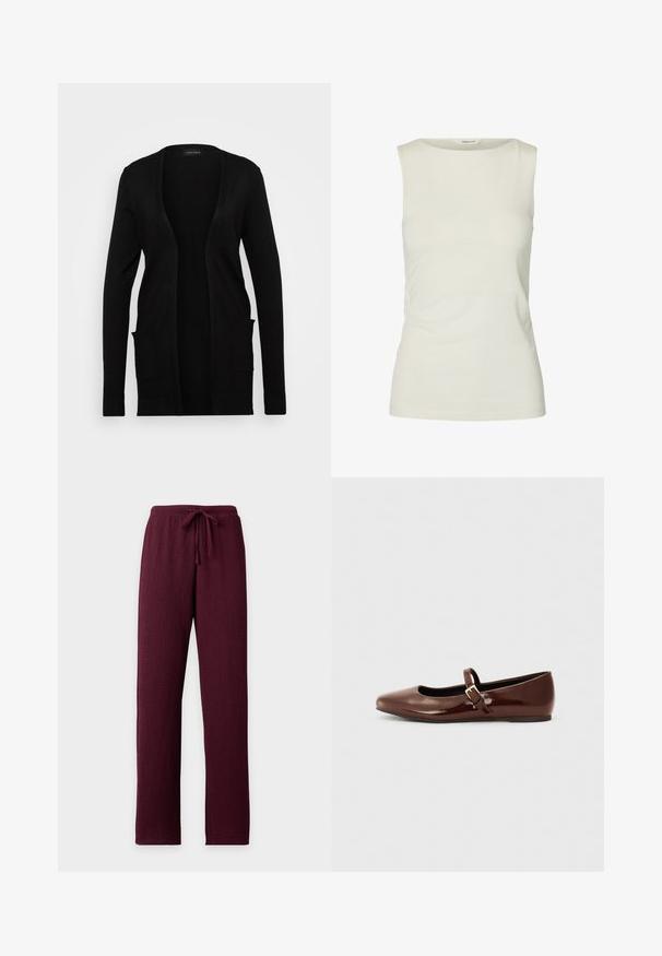 Cardigan noir à ouverture sur le devant, fabriqué en matériau doux. Il possède des manches longues et deux poches avant. Design simple avec des accents côtelés.; Débardeur blanc uni sans manches avec un col rond, fabriqué en tissu lisse, présenté sur fond blanc.; Pantalon bordeaux texturé avec jambes droites et taille élastique munie d’un cordon de serrage assorti.; Ballerine en cuir verni marron avec un bout carré et une lanière ornée d'une petite boucle dorée. Texture lisse, talon bas et design minimaliste.