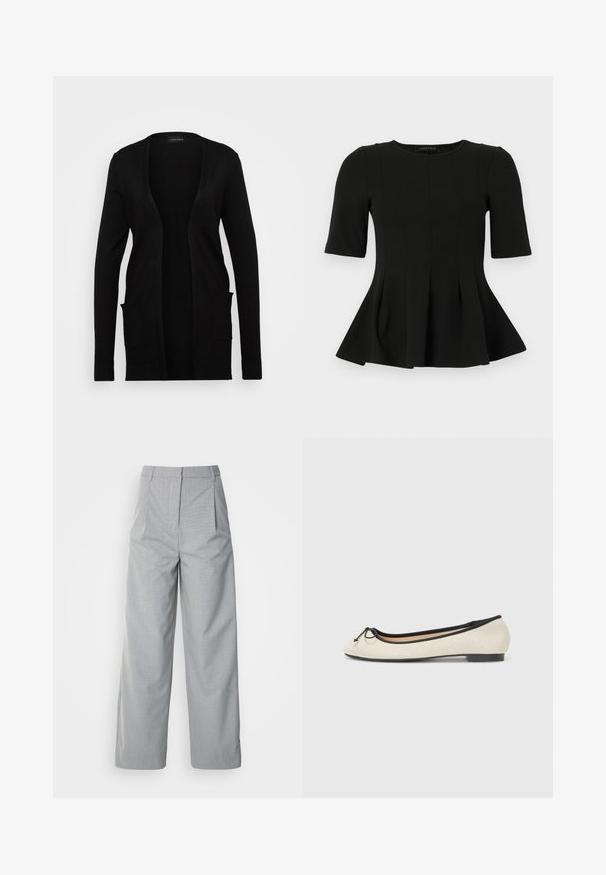 Cardigan noir à ouverture sur le devant, fabriqué en matériau doux. Il possède des manches longues et deux poches avant. Design simple avec des accents côtelés.; Top en peplum noir à manches courtes avec un col rond et des détails de coutures verticales, présenté sur un fond blanc.; Pantalons larges gris en tissu texturé, avec une taille haute, des plis à l'avant et une coupe droite jusqu'à l'ourlet.; Ballerine en textile beige avec une bordure noire. Affiche un bout arrondi et un petit nœud en accent sur le devant. Semelle basse.