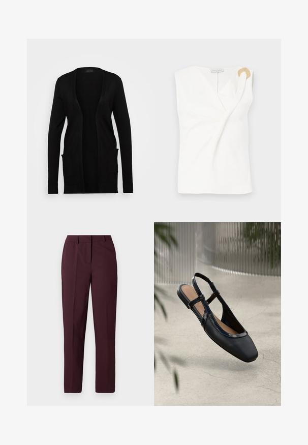 Cardigan noir à ouverture sur le devant, fabriqué en matériau doux. Il possède des manches longues et deux poches avant. Design simple avec des accents côtelés.; Blouse sans manches blanche avec un design croisé, présentant un détail décoratif en forme d'anneau doré sur l'épaule droite.; Pantalon droit bordeaux avec une texture lisse, présentant un devant plat et sans poches visibles. Coupe ajustée avec une coupe classique.; Chaussure plate slingback en cuir noir avec un orteil carré, dotée d'un fini verni brillant et de sangles ajustables pour un maintien sécurisé.