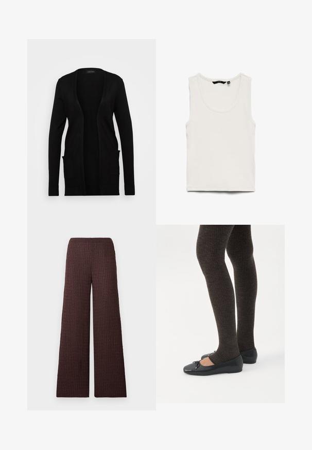 Sort cardigan med åben front, lavet af blødt materiale. Den har lange ærmer og to forlommer. Simpelt design med ribbede detaljer.; Hvid ribbet tanktop med rund halsudskæring og ærmeløs design, lagt fladt på en hvid baggrund.; Brune bukses ben med bredt snit og elastisk talje, designet i et krøllet stof og med fuld længde.; Ben iført mørke ribbede leggings kombineret med sorte balletsko med små sløjfedetaljer på hvid baggrund.