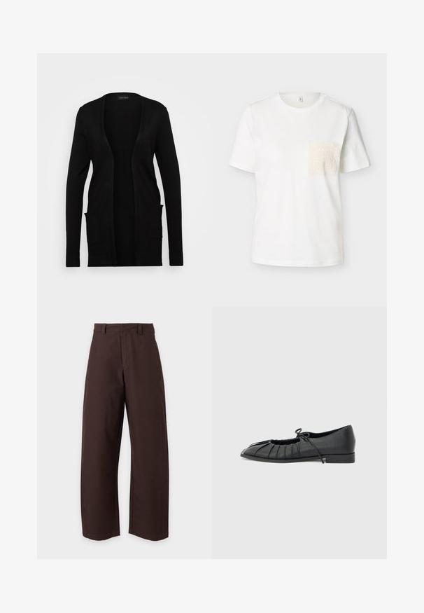 Sort cardigan med åben front, lavet af blødt materiale. Den har lange ærmer og to forlommer. Simpelt design med ribbede detaljer.; Hvid T-shirt med korte ærmer, rund hals og en tekstureret cremefarvet blonderlomme på venstre bryst.; Brune bukser med lige ben, bæltestropper og frontlynlås, vist mod en ensfarvet hvid baggrund.; Sort flad sko med plisseret forstykke og bundet sløjfe på toppen, lav hæl og glat tekstur på en lysegrå baggrund.