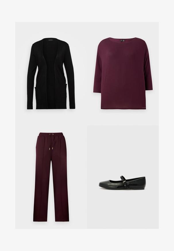 Sort cardigan med åben front, lavet af blødt materiale. Den har lange ærmer og to forlommer. Simpelt design med ribbede detaljer.; Bordeaux top med rund halsudskæring og trekvartærmer, lavet af blødt stof, med en afslappet pasform og lige kant.; Vinrøde bukser lavet af glat stof, med snøre i taljen, folder og en afslappet pasform med lige ben. Guldfarvede metaldetaljer.; Sorte læder balletflade med rund tå, flad sål og en tynd justerbar rem over svangen med en metalspænde.