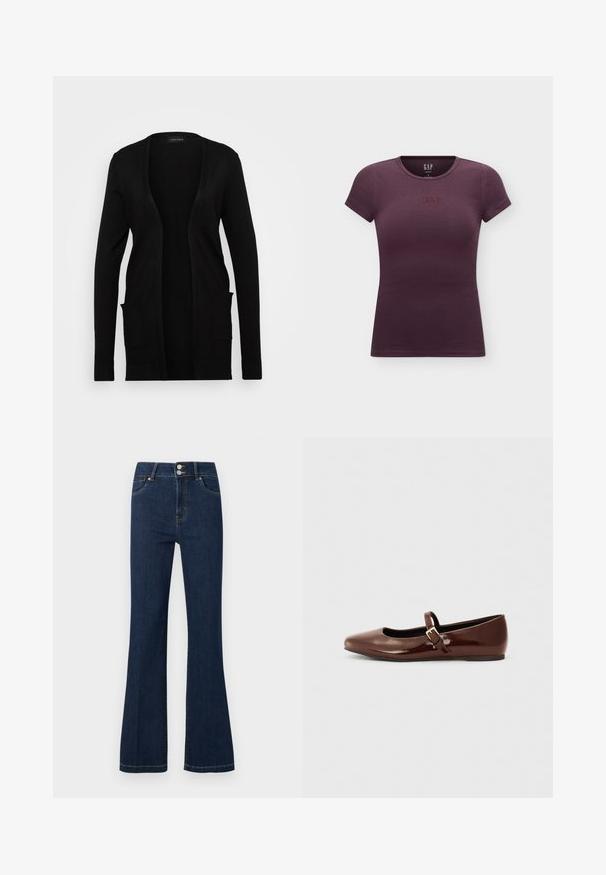 Cardigan noir à ouverture sur le devant, fabriqué en matériau doux. Il possède des manches longues et deux poches avant. Design simple avec des accents côtelés.; T-shirt ajusté à manches courtes de couleur violet foncé avec col rond et petit logo GAP brodé centré sur la poitrine.; Jean en denim bleu foncé avec taille haute, double bouton de fermeture, poches avant et jambes légèrement évasées.; Ballerine en cuir verni marron avec un bout carré et une lanière ornée d'une petite boucle dorée. Texture lisse, talon bas et design minimaliste.