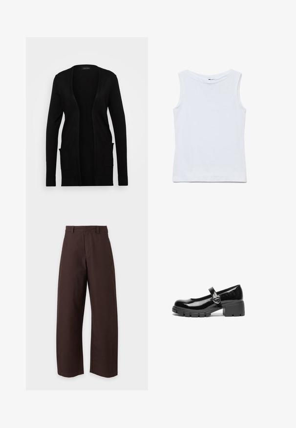 Sort cardigan med åben front, lavet af blødt materiale. Den har lange ærmer og to forlommer. Simpelt design med ribbede detaljer.; Ærmeløs hvid bomuldstop med bred rund halsudskæring og lige kant, vist fladt på en hvid baggrund.; Brune bukser med lige ben, bæltestropper og frontlynlås, vist mod en ensfarvet hvid baggrund.; Sort patentlæder Mary Jane sko med en kraftig hæl, rund tå og en rem med detajler i form af en hjerteformet spænde.