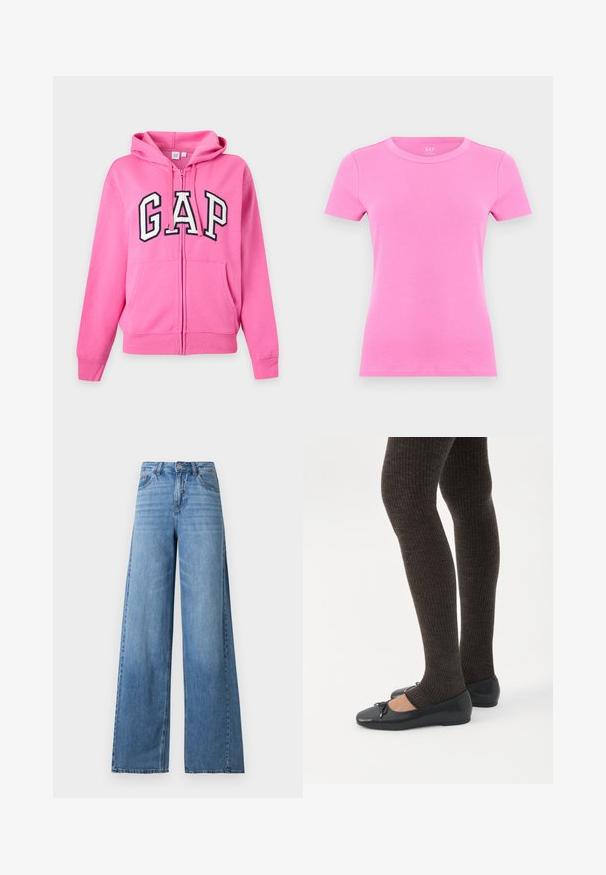 Sweat à capuche zippé rose vif avec poches avant, capuche et grandes lettres blanches et noires "GAP" sur la poitrine. Aucune personne visible.; T-shirt court à manches courtes en coton côtelé de couleur rose vif avec col rond, présenté sur un fond blanc uni.; Jean large taille haute bleu clair avec bouton et fermeture éclair à l'avant, poches avant et arrière, et légère décoloration sur les cuisses.; Jambes portant des leggings côtelés foncés associés à des ballerines noires avec de petits détails en nœud sur fond blanc.
