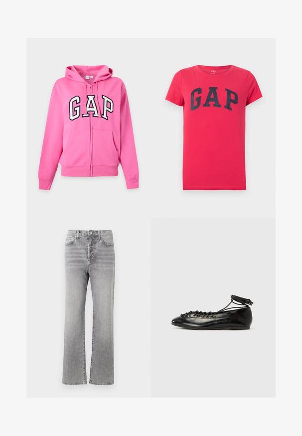 Sweat à capuche zippé rose vif avec poches avant, capuche et grandes lettres blanches et noires "GAP" sur la poitrine. Aucune personne visible.; T-shirt rouge à manches courtes avec col rond et grand logo texte noir "GAP" centré sur la poitrine, sur un fond gris clair.; Jean en denim gris avec une coupe droite, taille mi-haute, cinq poches, et un léger dégradé pour donner de la texture. Détails en métal pour le bouton et les coutures.; Ballerines en cuir verni noir avec un bout rond, un design à lacets et une semelle plate. Texture lisse avec peu de détails.