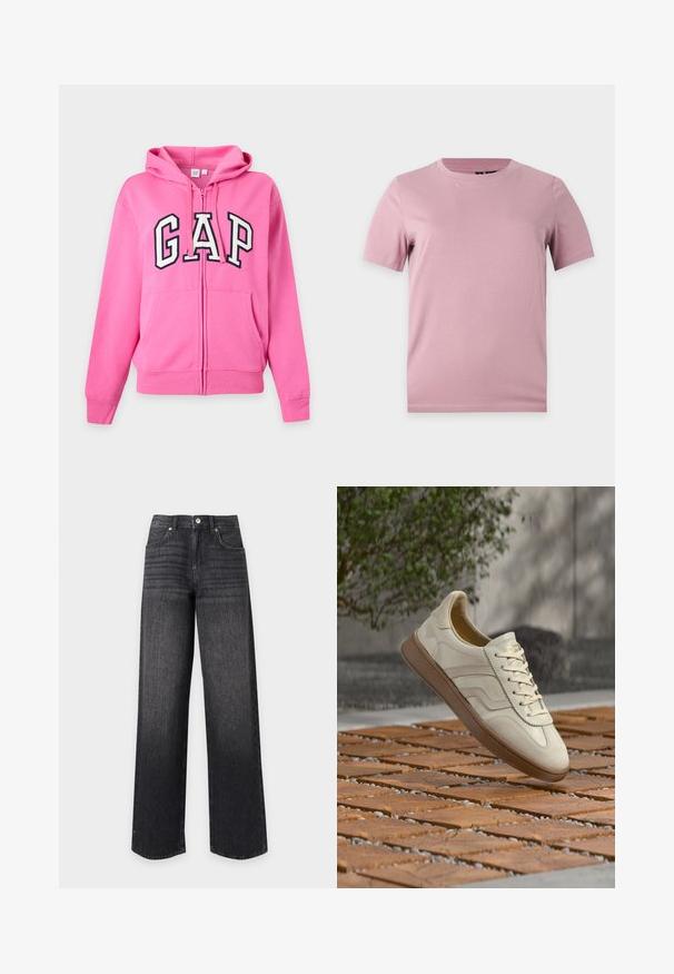 Sweat à capuche zippé rose vif avec poches avant, capuche et grandes lettres blanches et noires "GAP" sur la poitrine. Aucune personne visible.; T-shirt uni en coton rose pâle à manches courtes avec col rond, présenté sur un fond plat gris clair.; Jean en denim noir taille haute à jambes droites avec poches avant, passants de ceinture, bouton et fermeture éclair sur fond blanc.; Baskets couleur crème avec une semelle extérieure en caoutchouc beige texturée, un design à lacets et un marquage subtil sur le côté. Tige en cuir lisse.