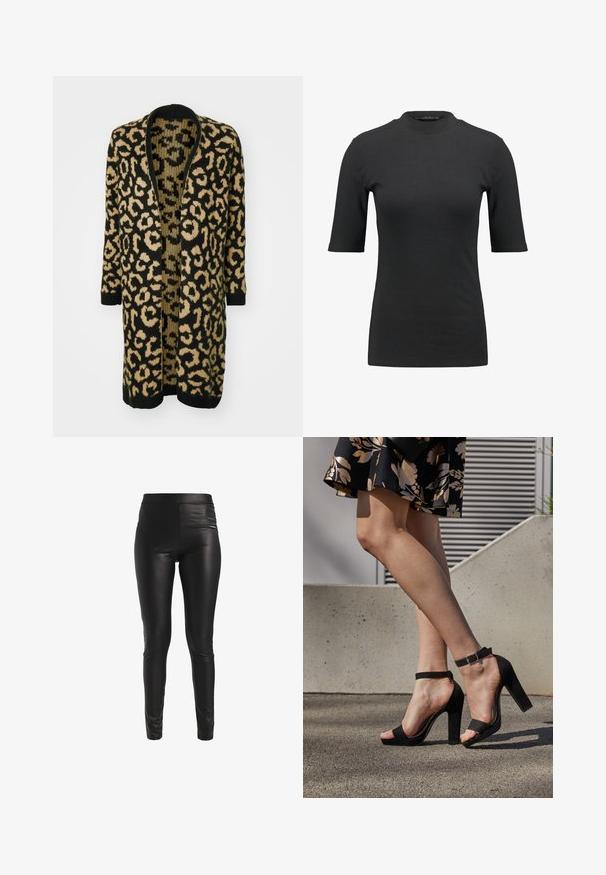 Cárdigan de estampado de leopardo en negro y beige, con un corte holgado, frente abierto y mangas largas, elaborado en un material de punto suave.; Camiseta negra de canalé con un cuello alto y mangas cortas. Diseño liso y ajustado sin patrones ni detalles de hardware visibles.; Leggings negros de cuero sintético con una cintura alta. La tela tiene un acabado liso y brillante, y un diseño ajustado que se estrecha en los tobillos.; Sandalias de tacón alto de ante negro con una correa en el tobillo y hebilla, diseño de punta abierta y tacón ancho. Textura suave y estilo minimalista.