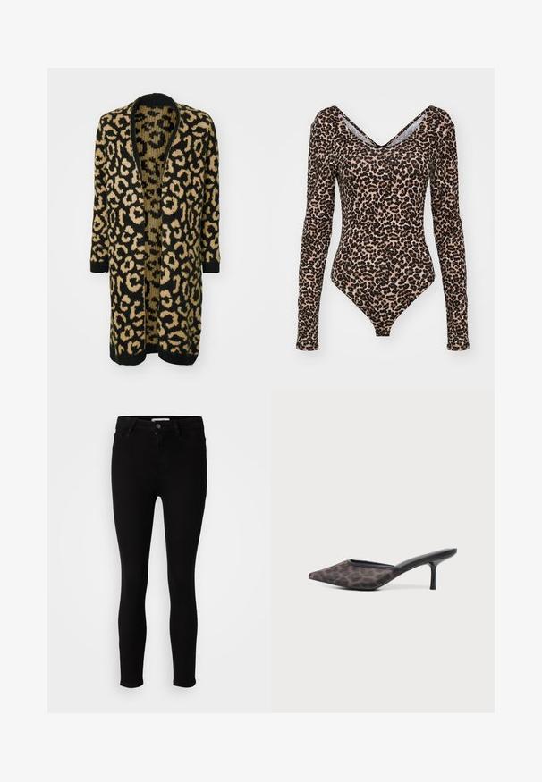 Cárdigan de estampado de leopardo en negro y beige, con un corte holgado, frente abierto y mangas largas, elaborado en un material de punto suave.; Bodysuit de manga larga con un patrón de leopardo, diseño de escote en V, tela suave y una silueta ajustada con un corte alto en la pierna.; Jeans ajustados negros con cierre de botón y cremallera, bolsillos frontales y traseros, exhibidos sobre un fondo blanco neutral.; Mule puntiagudo de estampado de leopardo marrón y negro con un fino tacón tipo kitten negro y parte trasera abierta sobre fondo blanco.