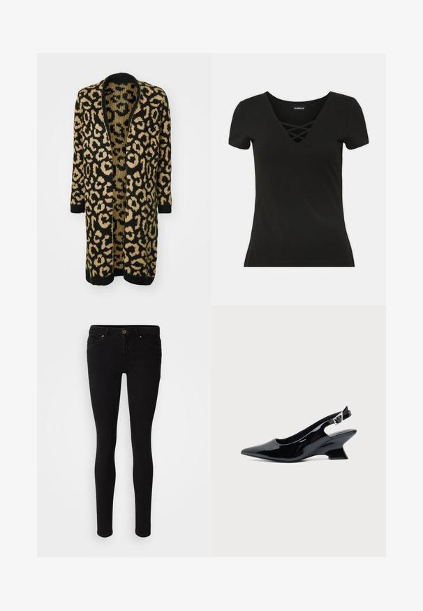 Cárdigan de estampado de leopardo en negro y beige, con un corte holgado, frente abierto y mangas largas, elaborado en un material de punto suave.; Camiseta negra de manga corta con un escote en V profundo y detalle de cruce. Hecha de tejido suave, con una forma ajustada y textura lisa.; ONLY ONLCORAL LIFE POWER - Vaqueros pitillo - black denim; Zapato slingback de cuero charol negro con puntera puntiaguda y tacón bajo en bloque inclinado sobre fondo claro liso.