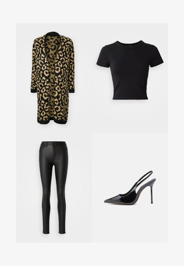 Cárdigan de estampado de leopardo en negro y beige, con un corte holgado, frente abierto y mangas largas, elaborado en un material de punto suave.; Camiseta corta negra hecha de algodón sólido, con mangas cortas y un cuello redondo, de diseño suave y sencillo.; Leggings de cuero sintético negro con una textura suave, diseño ajustado, cintura de media altura y estilo clásico de cinco bolsillos.; Zapato de salón con tira trasera en piel sintética negra brillante, puntera puntiaguda, tacón alto y delgado, y un diseño de corte curvo en el lateral. Acabado liso y brillante.