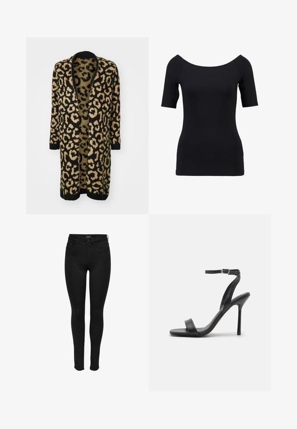 Cardigan en imprimé léopard noir et beige, avec une coupe ample, une ouverture devant et des manches longues, fabriqué à partir d'un matériau tricoté doux.; Haut noir à manches courtes avec un décolleté dégagé, design ajusté et texture lisse. Pas de motifs ni de détails matériels visibles.; Jeans skinny noirs en denim, dotés d'un design classique à cinq poches, d'une fermeture éclair et d'une texture lisse avec des détails de couture minimaux.; Sandale à talons hauts noire avec une fine sangle au niveau de la cheville et deux bandes à l'avant. Fabriquée en cuir lisse avec un bout pointu élégant et un talon aiguille.