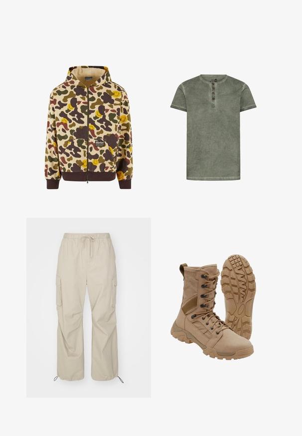 Beige kapuutsiga lukuga sviiter, millel on camo-muster pruuni, rohelise ja kollase naeratava näoga. Sviiteril on ees taskud ja soonikkoes varrukad.; Lühikeste varrukatega roheline T-särk, mis on valmistatud pehmest kangast, ümarate kaelaaukudega ja kolme nööbiga, millel on pruunid nööbid. Peen tekstuur.; Only & Sons ONSKAZI LOOSE PARACHUTE PANT - Kargopüksid - chinchilla; Pruun taktikaline saabas sääreni paeltega kinnituse ja vastupidava kummist tallaga, üks saabas püsti ja teine näitab tallamustri.