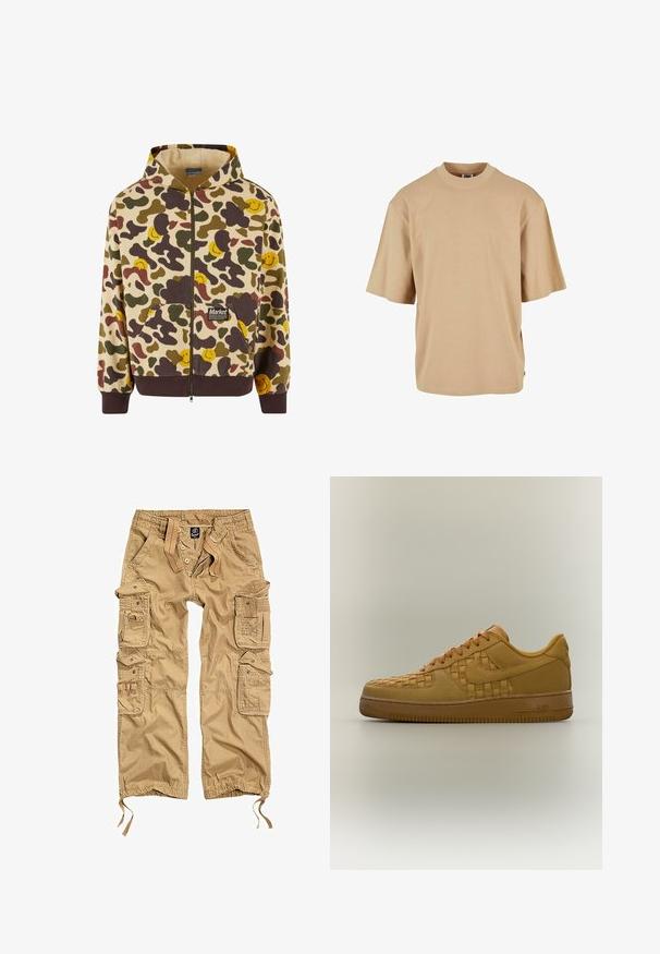 Hættezip-sweater i beige med et camouflage-mønster, der har brune, grønne og gule smilende ansigtter. Inkluderer forlommer og ribbede manchetter.; Beige kortærmet T-shirt med rund hals, løs pasform og sidesløft. Fremstillet af blødt bomuldsmateriale. Ingen mønstre eller grafik.; Khaki cargo bukser med flere sidelommer, knaplukning, elastisk talje og justerbare manchetter. Lavet af slidstærkt stof.; Lavtop tan sneaker med vævet lædermønster på siden og tåen, tyk sål, snørebånd og Nike-logo på siden og hælen.