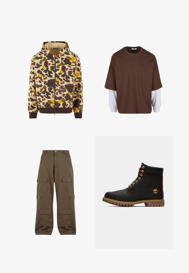 Beige hoodie met ritssluiting en camouflagepatroon, met bruine, groene en gele glimlachende gezichten. Met voorzakken en geribde manchetten.; Bruine oversized t-shirt met ronde hals en korte mouwen, gelaagd over witte lange mouwen; van katoen, met minimale details.; Olijfgroene katoenen cargobroek, voorzien van meerdere zijzakken, een knoopsluiting en een ontspannen pasvorm.; Zwarte leren enkellaars met gouden oogjes, bruine accenten en een rubberen zool. Heeft een gevoerde kraag en geperst logo aan de zijkant.