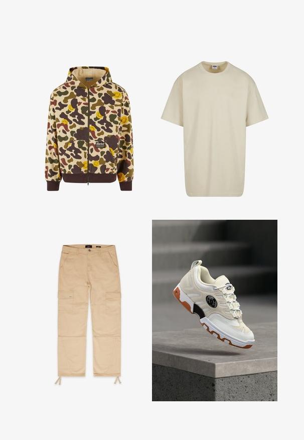 Hættezip-sweater i beige med et camouflage-mønster, der har brune, grønne og gule smilende ansigtter. Inkluderer forlommer og ribbede manchetter.; Lysebeige bomulds-T-shirt med korte ærmer, rund halsudskæring og løs pasform. Stoffet fremstår glat uden synlige mønstre eller accenter.; Beige cargo bukser med to forlommer og to sidelommer. Har elastiske snore ved anklerne og forstærkede syninger.; Beige sneaker med hvid og orange sål, sort logo på siden, hvide snørebånd, vist svævende over en betonoverflade.