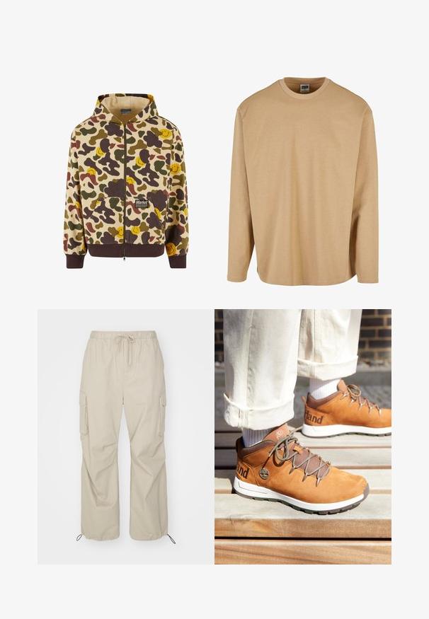 Beige kapuutsiga lukuga sviiter, millel on camo-muster pruuni, rohelise ja kollase naeratava näoga. Sviiteril on ees taskud ja soonikkoes varrukad.; Beige pikaealise t-särk, mis on valmistatud pehmest puuvillast, ringkaelusega, lõdva lõikega ja siledapinnaga, millel on minimaalsed õmblusdetailid.; Only & Sons ONSKAZI LOOSE PARACHUTE PANT - Kargopüksid - chinchilla; Pruun süsihalliga matkajalats, tekstureeritud lipsud ja metallist silmad. Valge vahepadi ja logo detail küljel. Kandmiseks kreemivärvi pükstega.