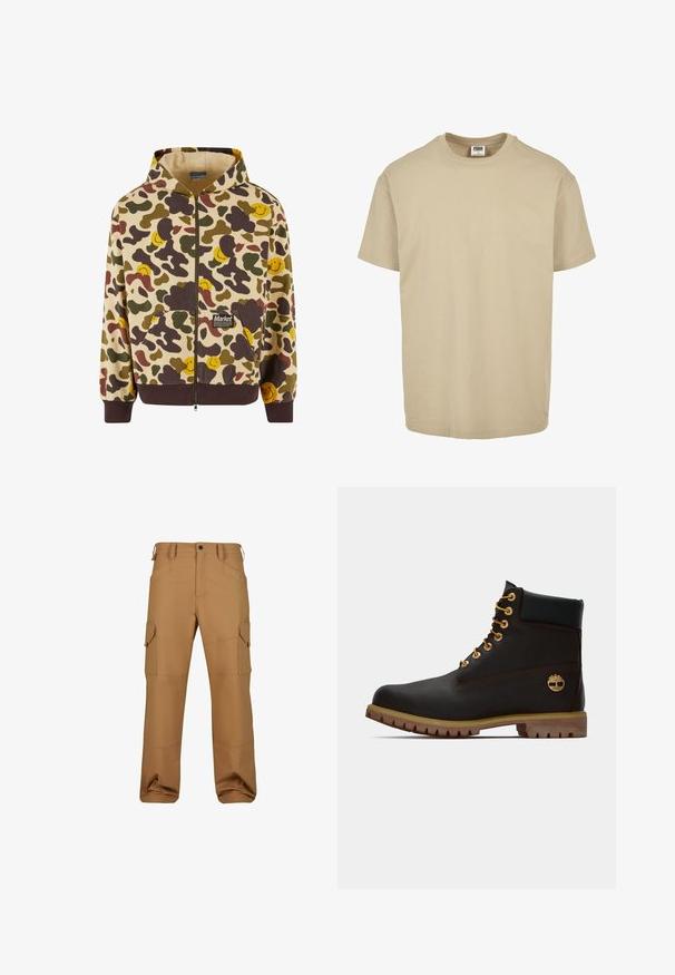 Beige kapuutsiga lukuga sviiter, millel on camo-muster pruuni, rohelise ja kollase naeratava näoga. Sviiteril on ees taskud ja soonikkoes varrukad.; Beež puuvillane T-särk, ümar kaelus, lühikesed varrukad ja sirge äärega. Sile tekstuur, lihtne disain, ilma mustrite või aktsentideta.; Pruunid cargo-püksid, mis on valmistatud vastupidavast kangast, mitmete taskute, lõdva istuvuse ja tugevdusõmblustega.; Must have kuld moodustatud mustast nahast pahkluu saapad kullavärvi silmadega, pruuni aktsentidega ja kummitald. Omab pehmendatud krae ja kõrvale reljeefset logo.