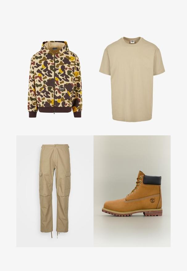 Hættezip-sweater i beige med et camouflage-mønster, der har brune, grønne og gule smilende ansigtter. Inkluderer forlommer og ribbede manchetter.; Beige bomulds T-shirt med rund hals, korte ærmer og en lige kant. Glat tekstur, simpelt design uden mønstre eller accenter.; Khaki cargo bukser lavet af letvægtsstof, med flere sidelommer, en afslappet pasform og justerbare snore i bunden.; Brun læderankelstøvle med sort krave, gule snørebånd og tanfarvet sål. Har logo og hvide syninger som detalje. Robust ydersål med greb.
