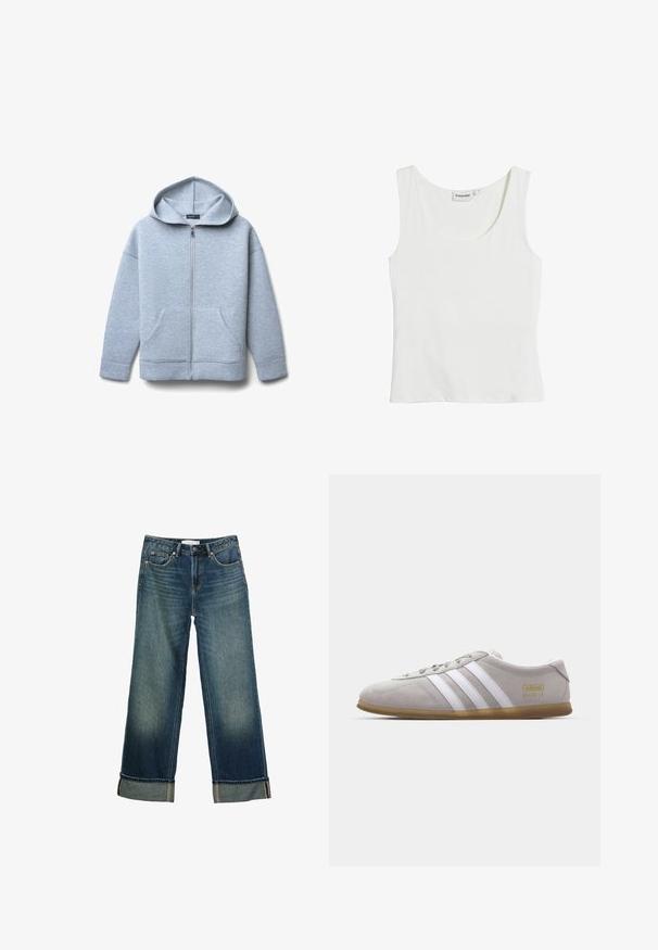 Hellgraue Zip-Hoodie aus weichem Material mit großer Kapuze, zwei vorderen Taschen sowie geripptem Saum und Bündchen.; Weißes Tanktop mit Rundhalsausschnitt, ärmellosem Design, aus glattem Stoff. Enthält ein kleines Etikett mit der Größenzahl "S".; Dunkelblaue Denim-Jeans mit weitem Bein, umgekrempelten Bündchen, Frontknopf und Fünf-Taschen-Design.; Graue Wildleder-Sneaker mit weißen Lederstreifen und goldenen Logodetails. Flache Gummisohle, abgerundete Zehenpartie und klassisches Schnürverschlussdesign.