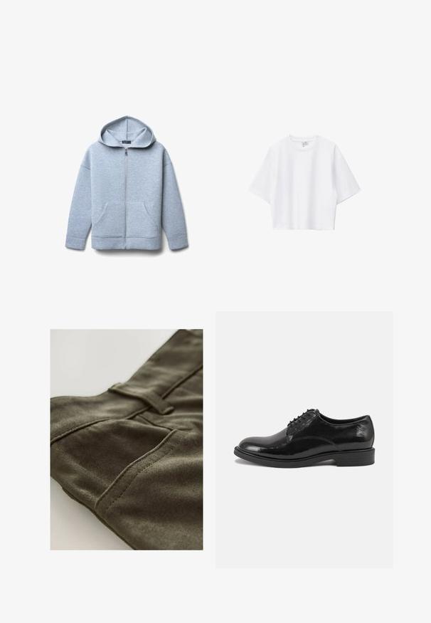 Hellgraue Zip-Hoodie aus weichem Material mit großer Kapuze, zwei vorderen Taschen sowie geripptem Saum und Bündchen.; Weißes, kurz geschnittenes T-Shirt aus weicher Baumwolle mit Rundhalsausschnitt, kurzen Ärmeln und lockerer Passform. Einfaches und vielseitiges Design.; Olivgrün, weicher Stoff mit glatter Textur; verfügt über gestickte Nähte und ein kleines Klappen-Detail. Geeignet für verschiedene legere Stile.; Schwarze Lederhalbschuhe mit glänzender Oberfläche, runder Spitze und Schnürdesign. Verfügt über einen niedrigen gestapelten Absatz und dezente Stitching-Details.